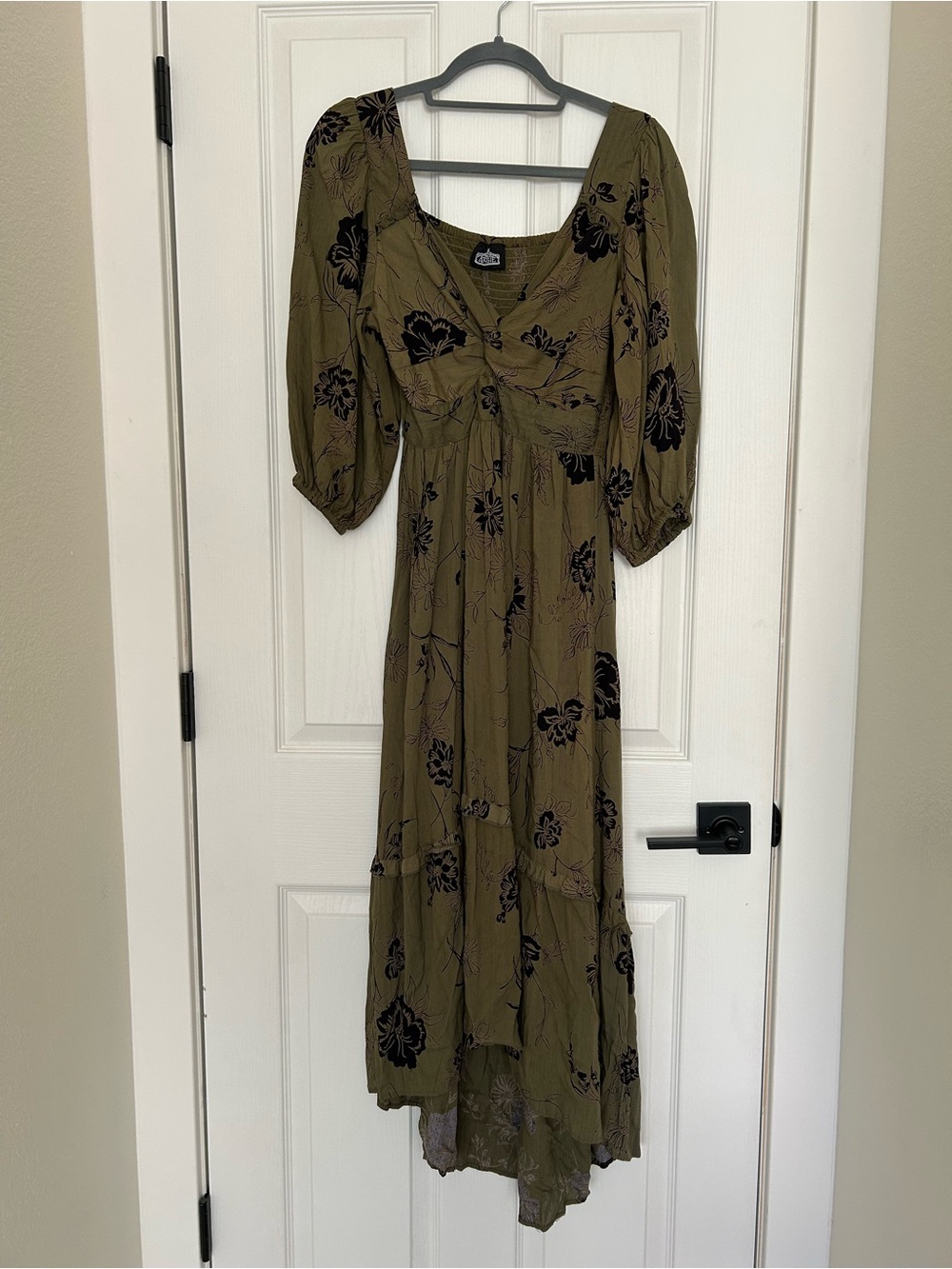 Angie Olive Green Floral Maxi Dress with Black Print